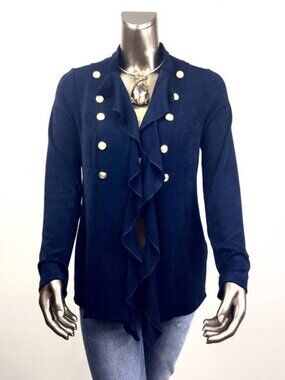 Chico's Travelers Collection ruffle open-front jacket, featuring gold buttons